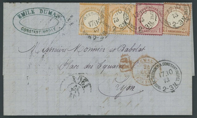 DP TÜRKEI V 18,19,21a BRIEF, 1873, Dreifarbenfrankatur: 1/2 Gr. orange (2x, rech