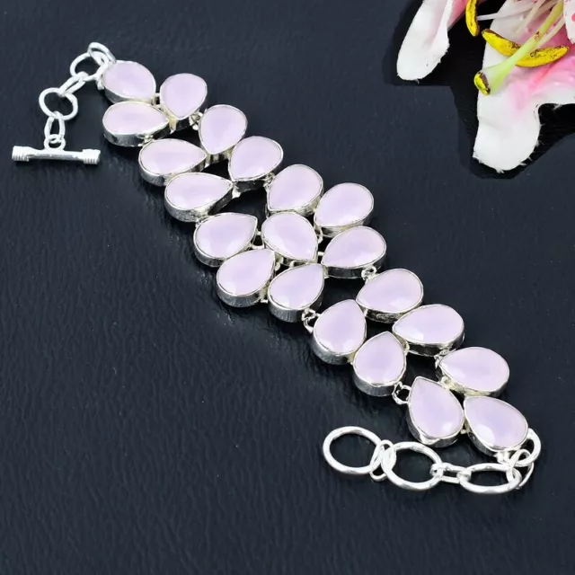 Rose Quartz Gemme 925 Argent Sterling Bijoux Breloque Bracelet 17.8-20.3cm d267