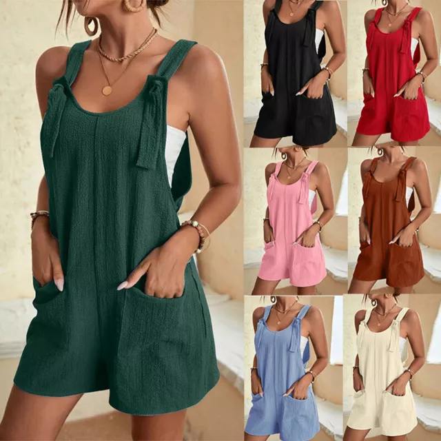 Womens Summer Linen Cotton Jumpsuit Dungarees romper Shorts Playsuit Overalls