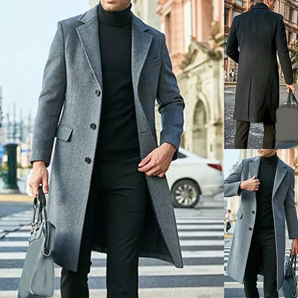 Men's Winter Warm Trench Coat Outwear Overcoat Casual Long Sleeve Button Jacket