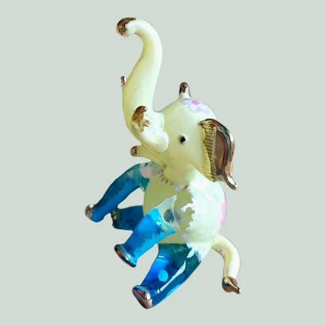 Elephant Miniature Figurine Animals Blown Glass Paint Décor Wild Collectible Yel