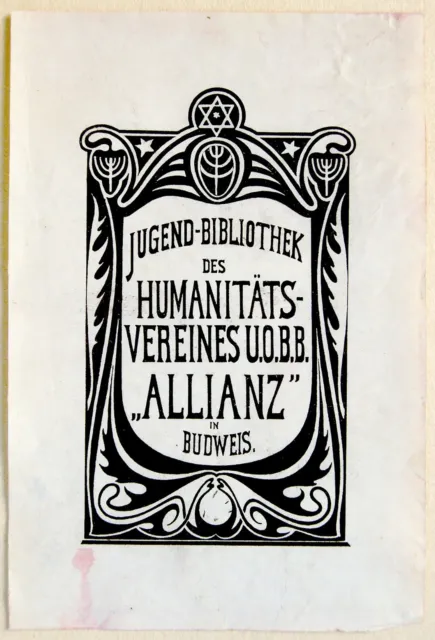 1920 Czech JEWISH Bookplate EXLIBRIS Judaica JUGENDSTIL ART NOUVEAU Budweis 2