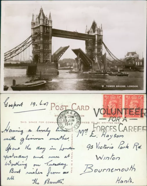 Tower Bridge London GB 1947 Cancel Real Photo RP