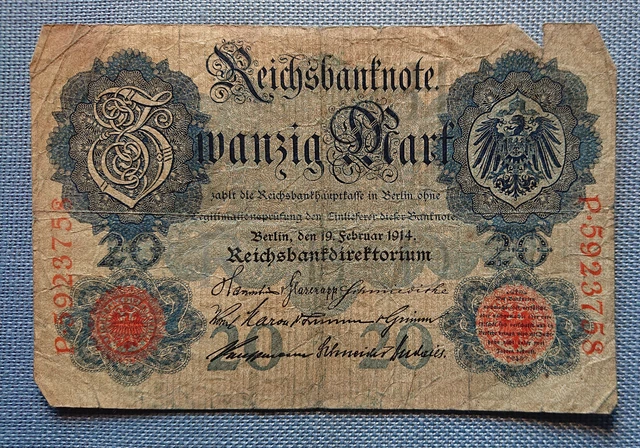 Old Man German Banknote Twenty Mark Berlin 19. Februar 1914
