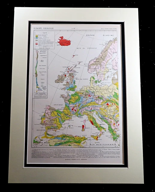 ANTIQUE GEOLOGICAL MAP of Europe Geology Geography Hand Coloured