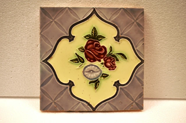Antique Tile Japan Majolica Art Nouveau Porcelain Floral Rose Architecture "J55 2