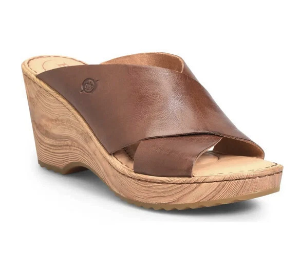 NIB BORN Womens Nora Cross Leather Straps Slide Wedge Sandal Size US 8/39 Brown