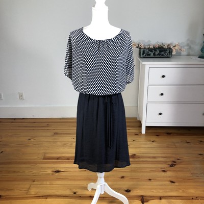 Mlle Gabrielle Dress Kimono Sleeve Blouson 2X Polka Dot Chiffon Navy Blue Plus