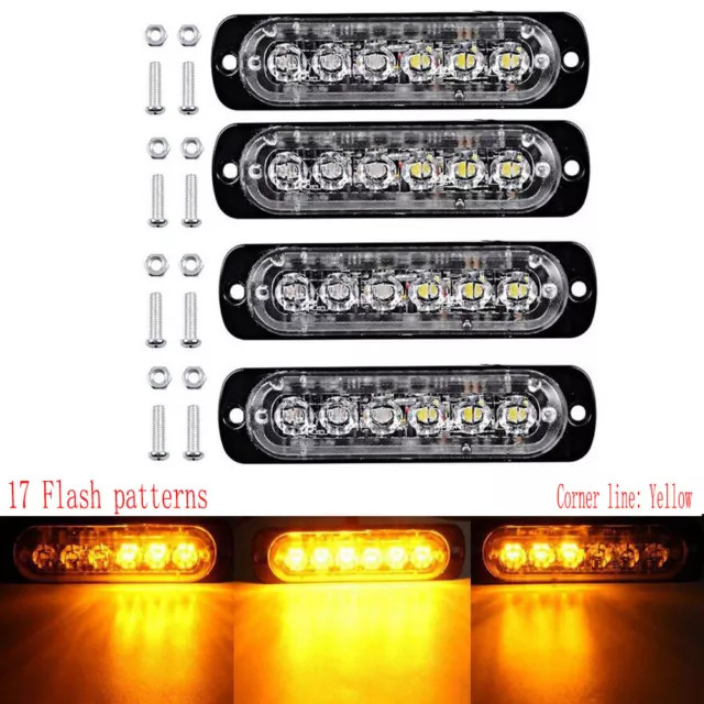 4x Amber 18W 6 LED Strobe Warning Work Light Bar Emergency Strobe Flashing Lamps