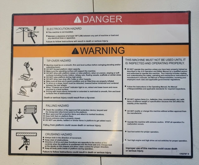 Jlg 1703797 Decal, Warning/Danger Platform