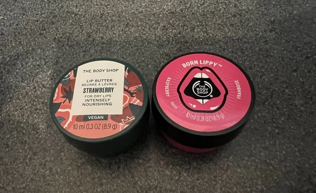 BODY SHOP RASPBERRY Born Lippy Lip Balm & Strawberry Lip Butter X 2 ...