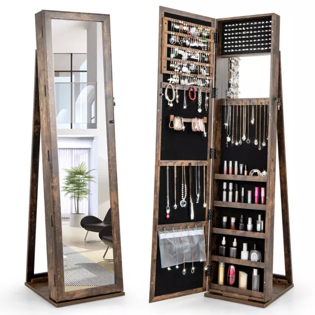 Armoire Lockable Standing Storage Organizer Mirrored Jewelry Cabinet W/ Shelf