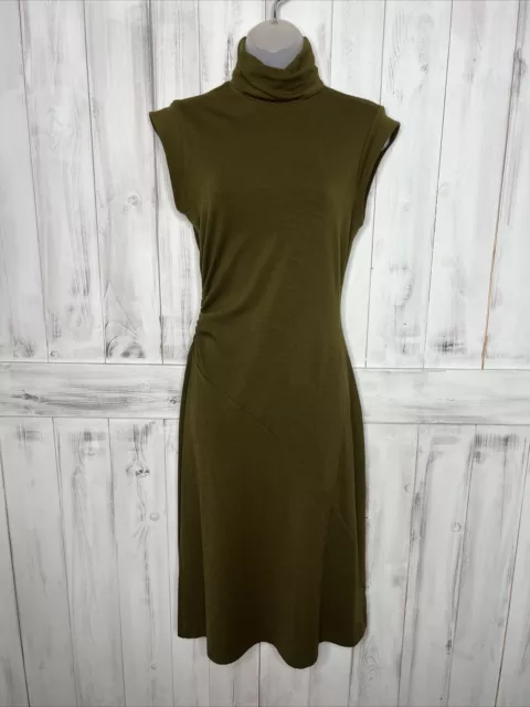 Womens Diane Von Furstenberg Olive Green Wool High Neck Ruched Midi Dress 8