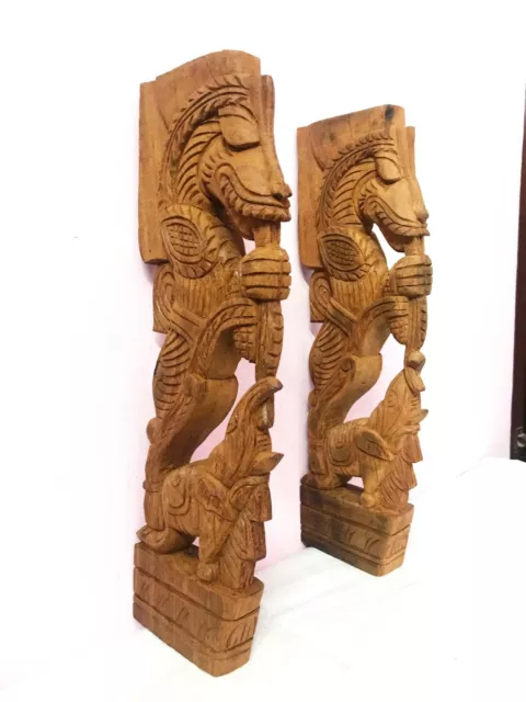 Wall Bracket Pair Temple Art Dragon Corbel Yalli Vintage Wooden Sculpture Statue