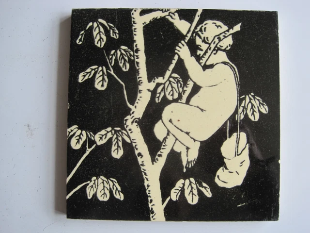 Antique Victorian 6" Black / White Transfer Print Tile -  Cherub Picking Fruit