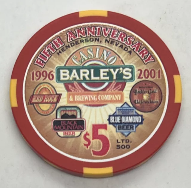 Barley’s Casino Brewing Company Henderson NV $5 Chip Beer 5th Anniversary 2001