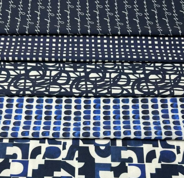 Stretch Dressmaking Fabric Navy Blue Ivory Printed 55" Wide