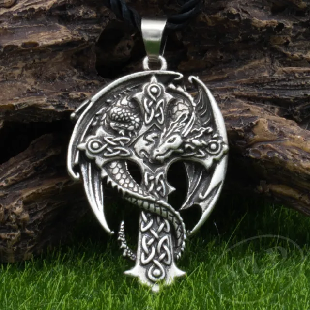 Celtic Cross Dragon Guardian Amulet Pendant Necklace Antique Silver Norse Viking