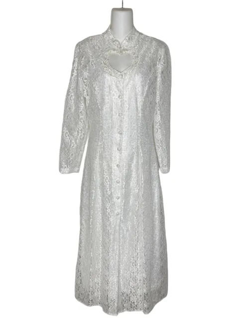 Vintage White Lace Wedding Dress Size 9 Long Sleeve Heart Mock Neck Corset Back