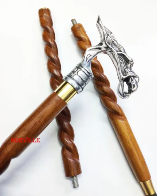 Antique Designer Dragon Handle Wooden Walking Cane Stick Vintage Collection Gift