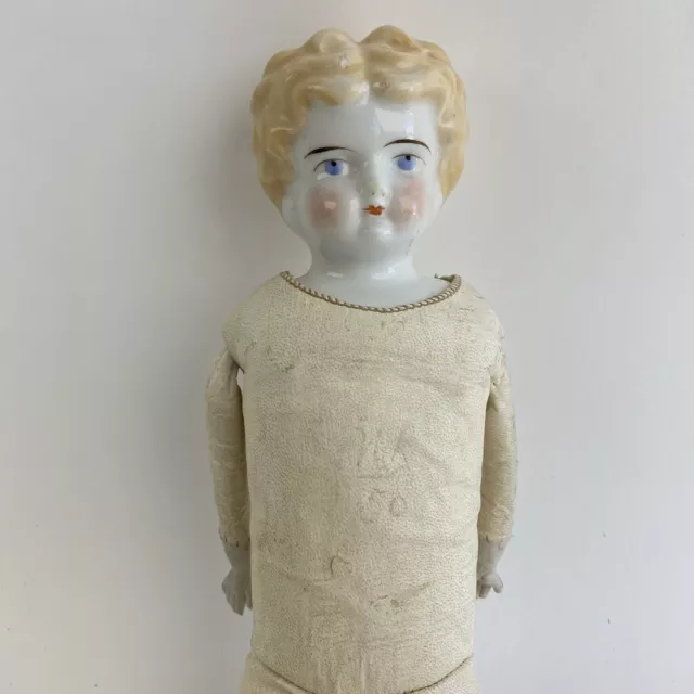 Antique German Low Brow Blonde China Head Doll Leather & Cloth Body 15”
