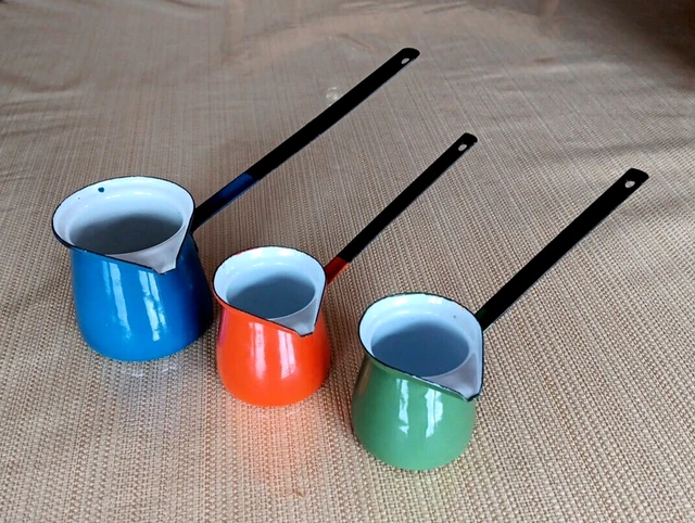 Enamelware Ladle Dipper Butter Warmer Set of 3 Blue/Green/Orange Vintage