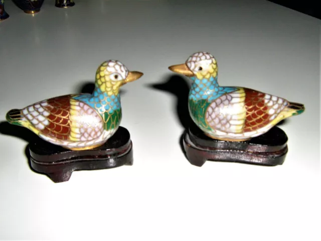 canards en émaux cloisonnés miniatures sur socle bois