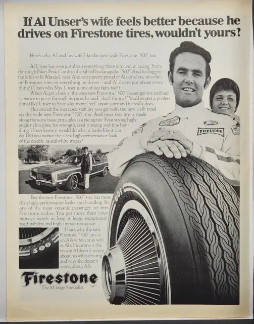 1972 Firestone 500 Tires Al Unser & Wife Indy 500 Vintage Print Ad