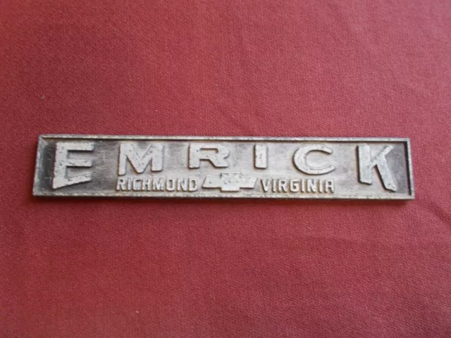 Vtg Chevrolet Dealership Emblem Badge Logo Name Emrick,Va Bowtiemetal