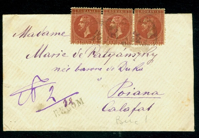 1876 Prinz Carol, Bukarest I., Bucuresti I, CALAFAT, Rumänien, 15 B. x3, Cover, Sorte