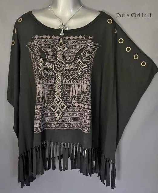 New VOCAL Womens CRYSTAL BLACK CROSS WINGS EYELET PONCHO FRINGE TUNIC ONE SIZE