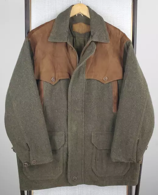 VTG WOOLRICH Size Large Wool/Leather Mens Olive Field Jacket Coat Made in USA