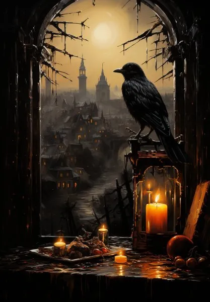 Gothic Crow Raven Dark Goth Victorian Castle Full Moon Art Giclee Print J23