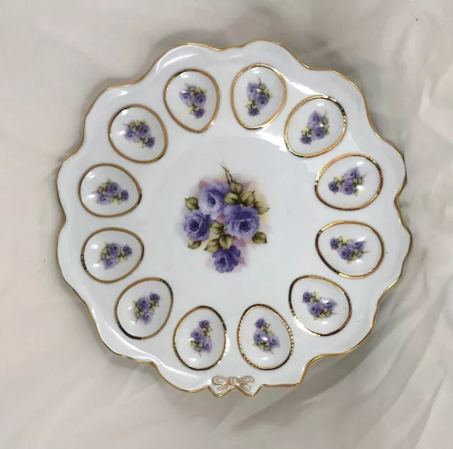 Vintage Ganz Deviled Egg Plate White Scalloped Purple Flowers Gold Trim