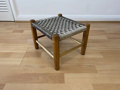 Amazing Vintage Hand Woven Foot Stool Foot Rest Seat With Solid Wooden Base 2