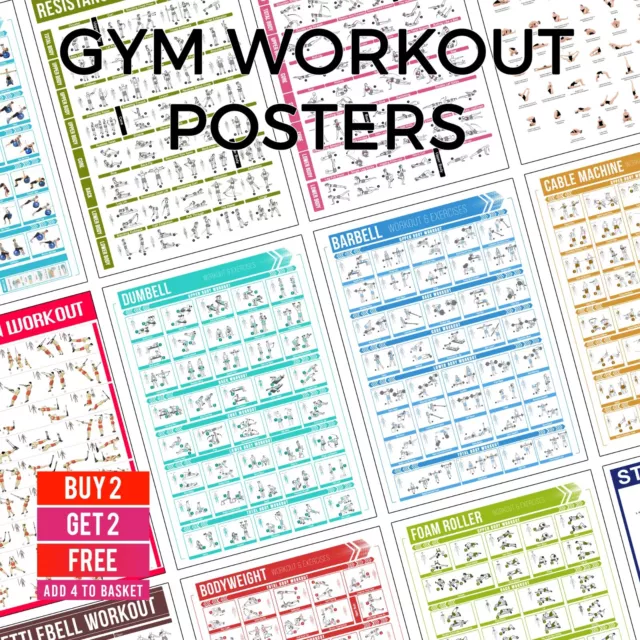 GYM WORKOUT POSTERS Exercises Dumbbell Barbell ETC. Training Posters A5-A3
