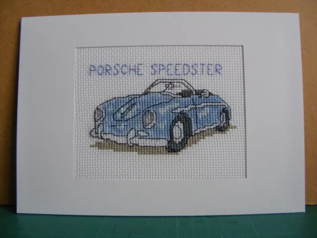Lovely Completed Cross Stitch Card of a PORSCHE SPEEDSTER Car in Blue.