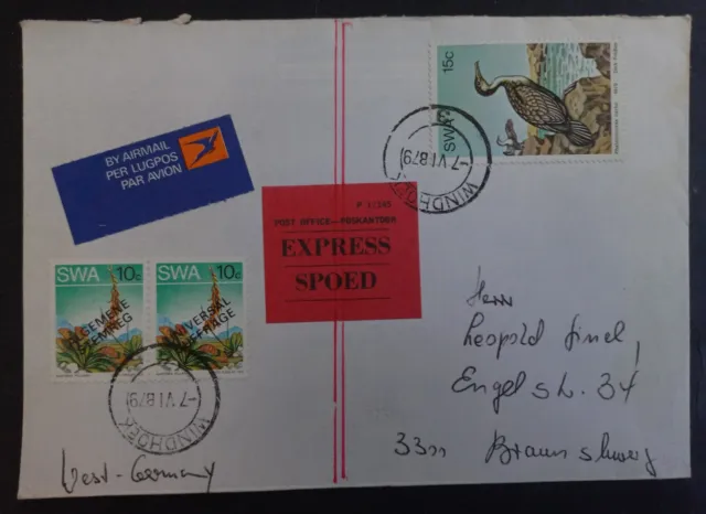 1979 South West Africa Airmail Cover ties 3 stamps cd Windhoek