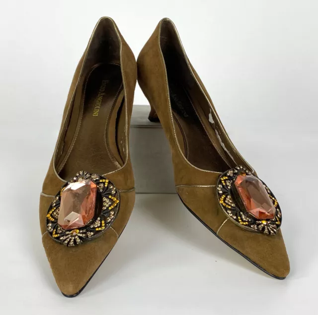 Enzo Angiolini New 8 US 38 EU Brown Suede Leather Heels Pumps Embellished Shoes