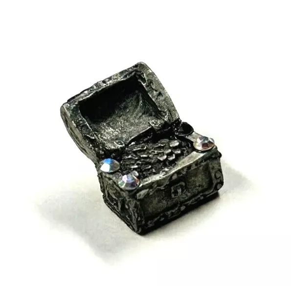 Dollhouse Miniature Metal Treasure Chest Silver Color Rhinestones Accent 1/2" H