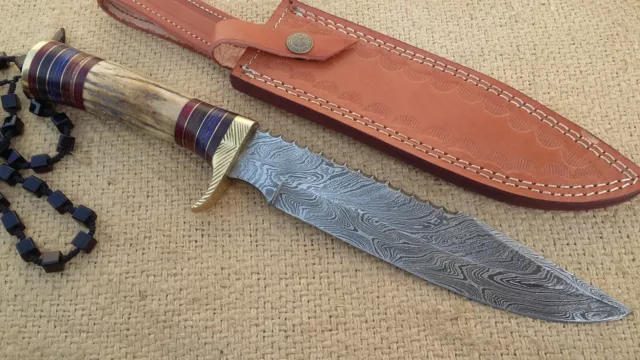 13.25 inch Custom handmade Damascus Steel Hunting Knife with Stag/Antler handle