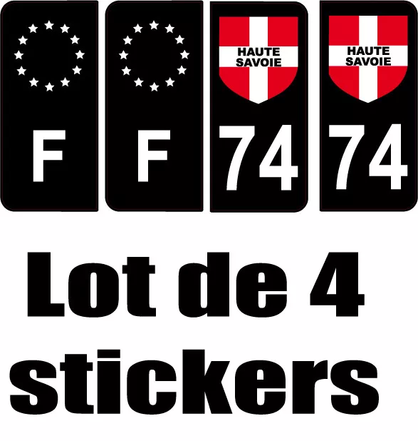 4 Stickers Black noir style Auto Plaque F + Département 74 Blason HAUTE SAVOIE