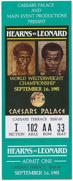 THOMAS HEARNS v SUGAR RAY LEONARD Las Vegas 1981 Complete Fight Ticket reprint