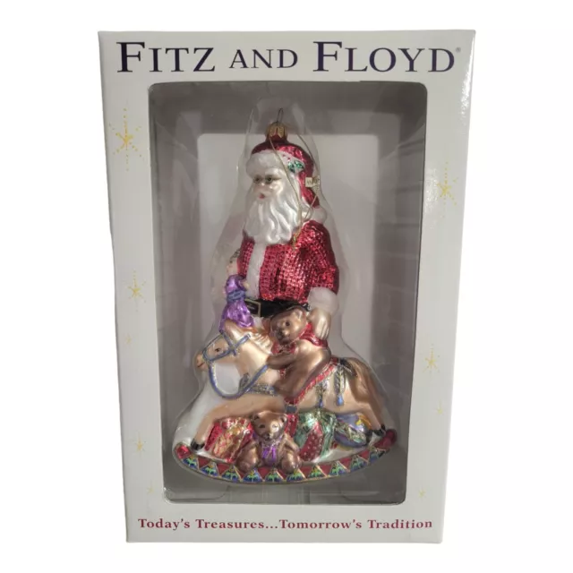 FITZ AND FLOYD Old Fashioned Santa Ornament  Rocking Horse Teddy Bear Presents