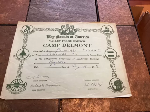 1945 Boy Scouts of America Camp Delmont Certificate, Valley Forge Council