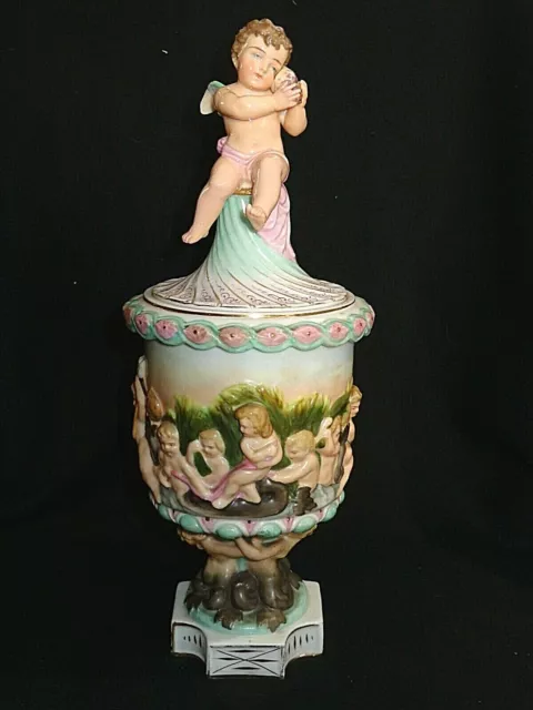Antique Royal Rudolstadt German Porcelain Cupid w/Shell Covered Urn