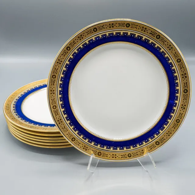 Minton G3950 Salad Luncheon Plates Set of 7 Gold Encrusted Cobalt Blue 8 7/8"