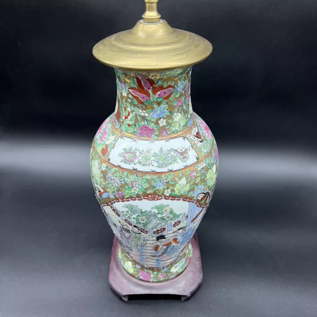 Vintage Hand Painted Chinoiserie Famille Rose Oriental Porcelain Vase Table Lamp