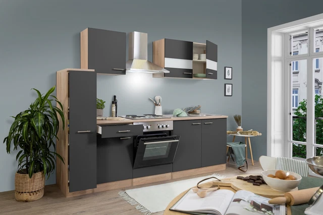 Cocina Cocina Bloque de cocina Cocina empotrada Roble Gris Merle 240 cm Respekta