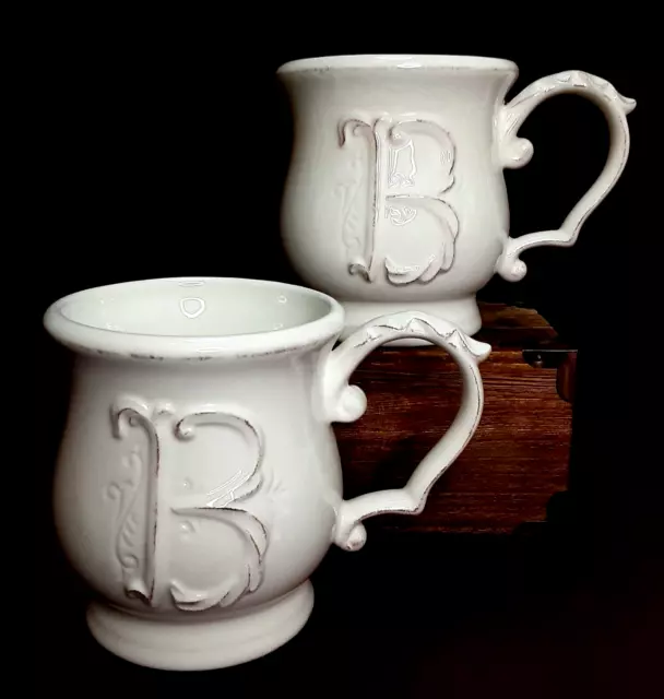 Pier 1 imports ELIZABETH Letter T 3D Monogram Antique White Coffee Mug  4.25" EUC